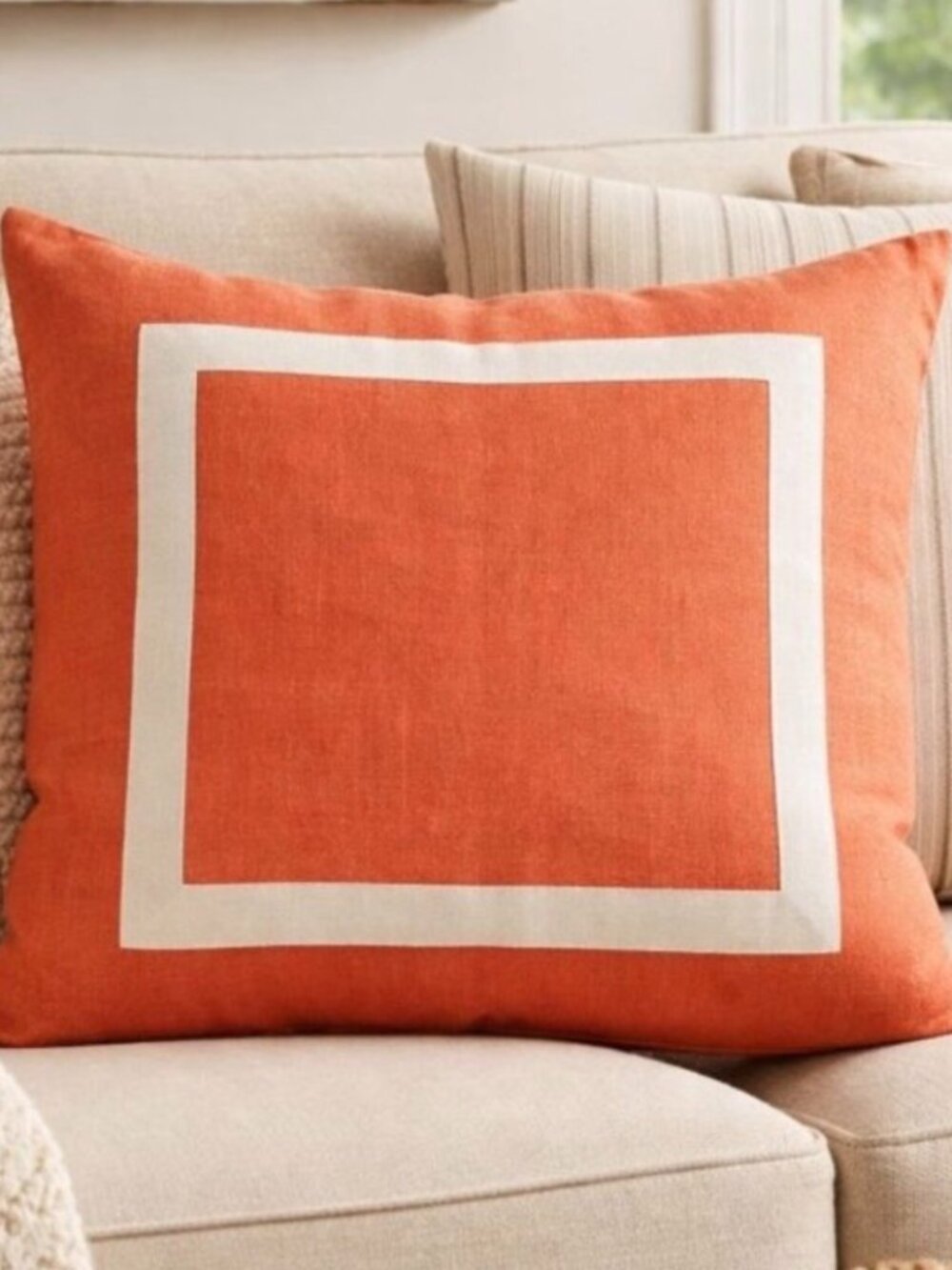 Pottery Barn 100% Linen Pillow COVER Square Zipper Orange Coral